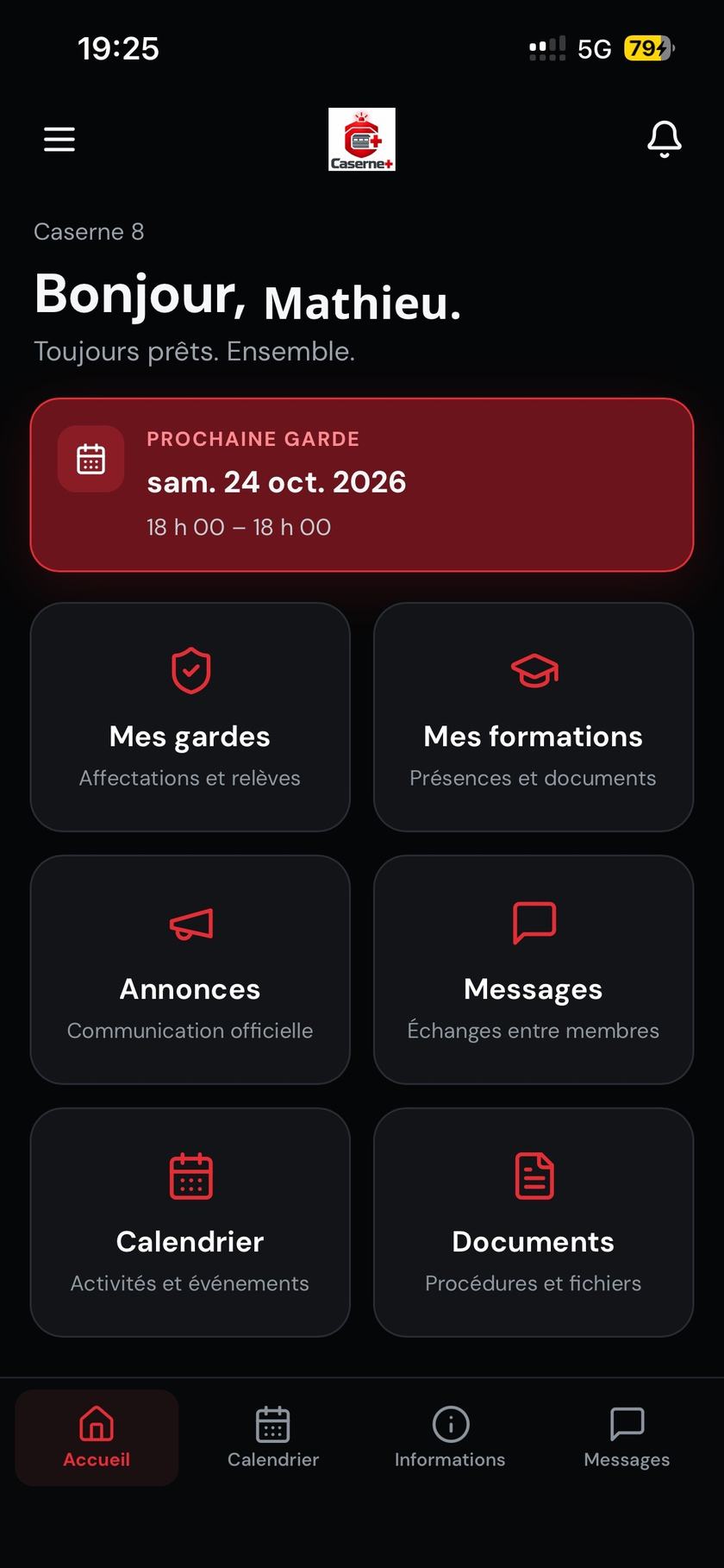 Accueil de Caserne+ sur téléphone