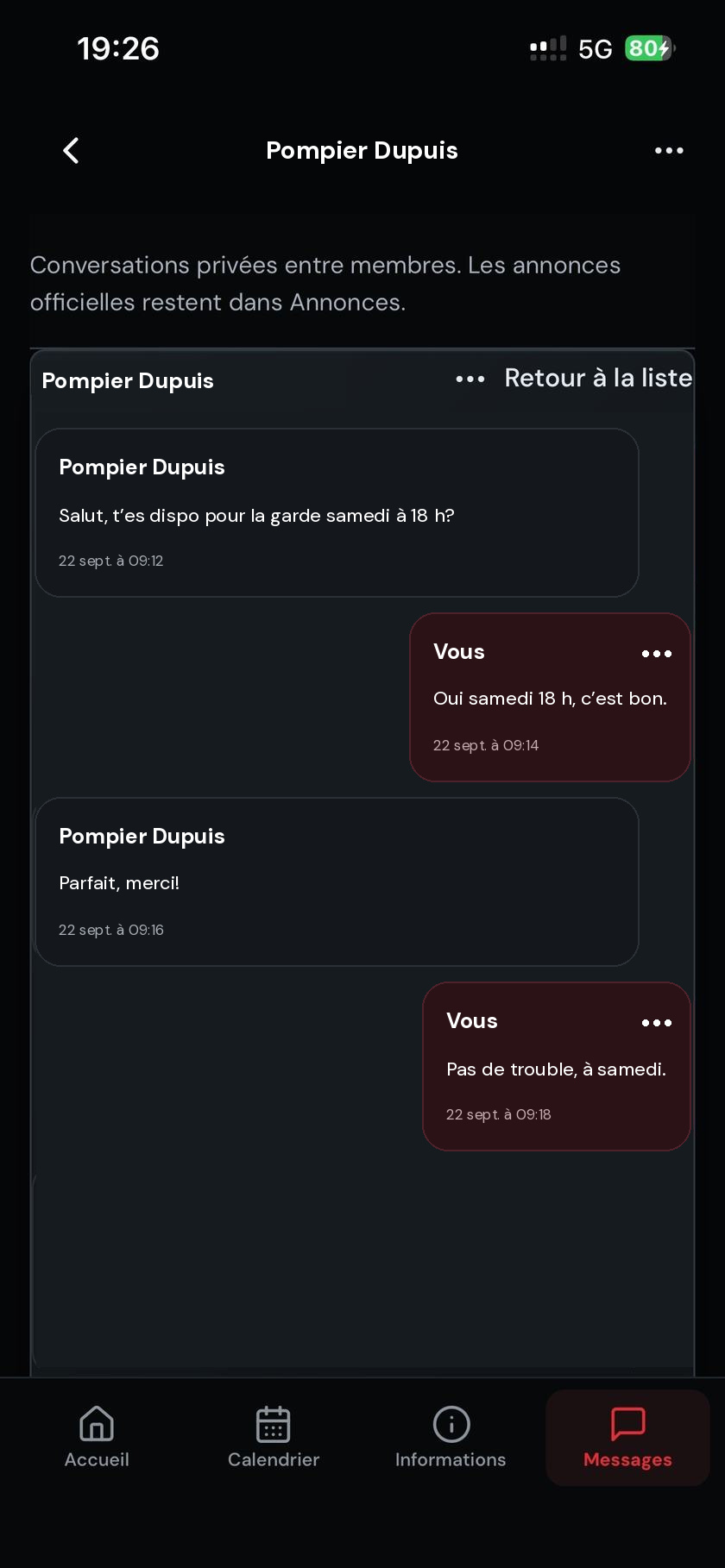 Messages du service dans Caserne+